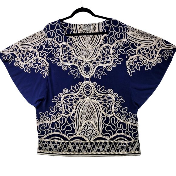 JM Collection Womens Large Boho Navy Beige Print Top Rhinestone Flowy Rodeo - Picture 1 of 8